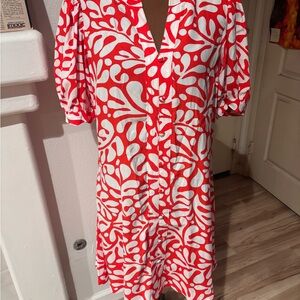 LOFT Women's Rio Red White Floral Balloon Sleeve Button Swing Dress Small.